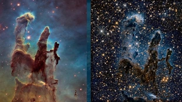 Los Pilares de la Creación imagen del Hubble (Izda) y posible imagen desde el James Webb. Foto: Abc.